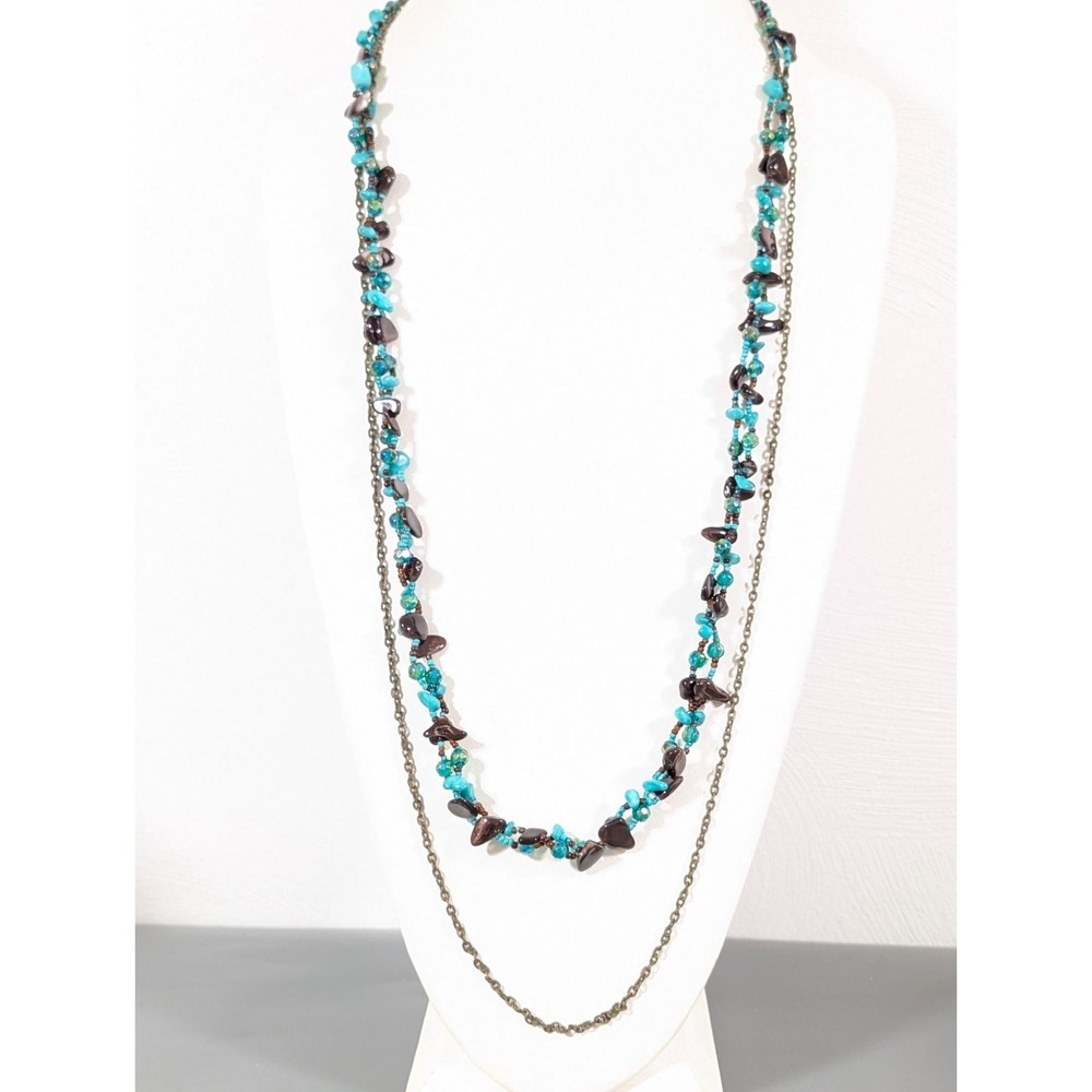 Beachy Boho Turquoise Blue Brown Bead Bronze Tone Long Layering Necklace 38"